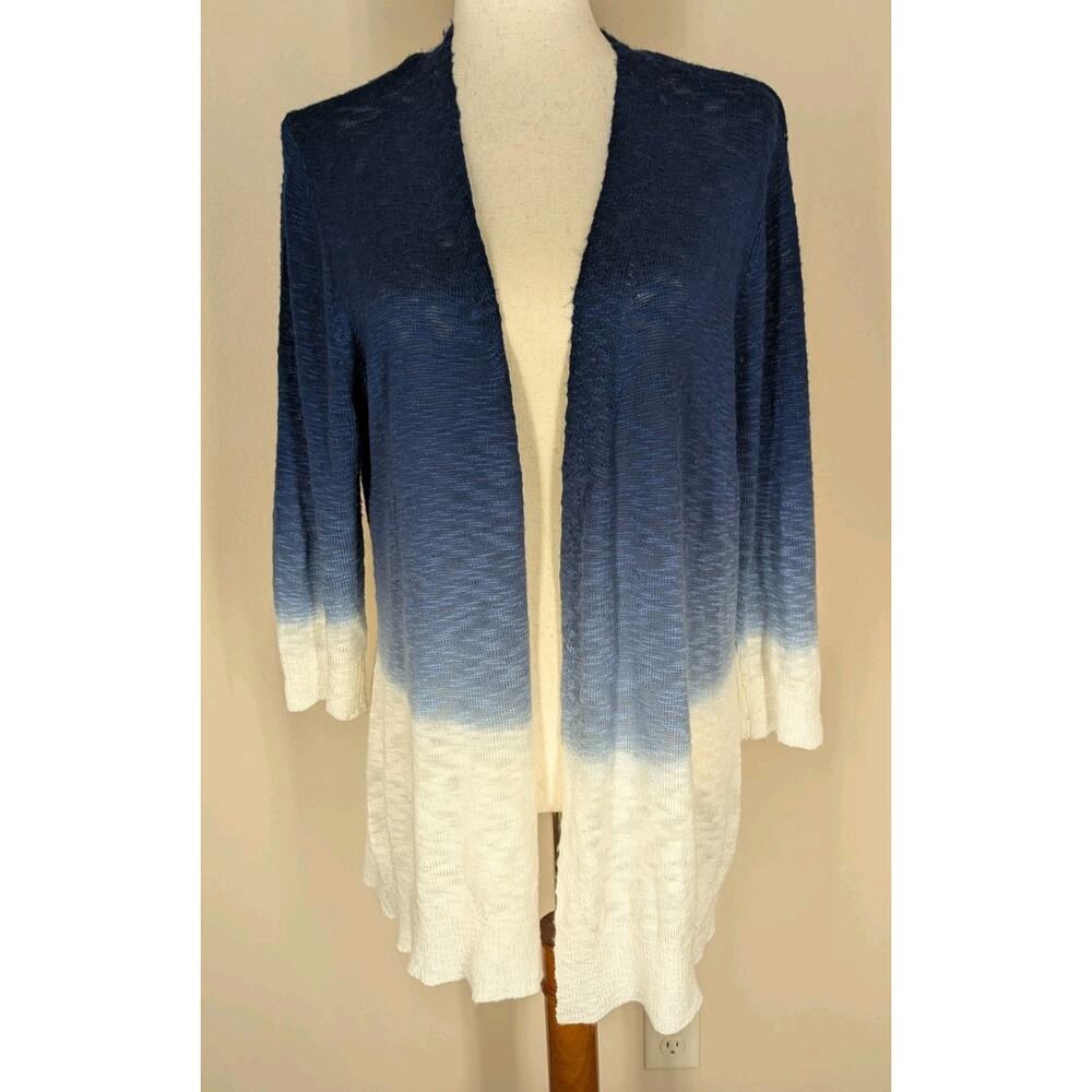 Christopher Banks Womens Blue White Open Front Cardigan 3/4 Sleeve Knit Size XL